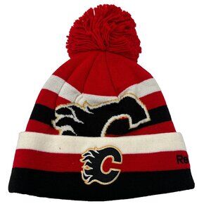 Reebok Unisex OSFA Red Striped Acrylic Calgary Flames NHL Pom Pom Beanie Hat NWT
